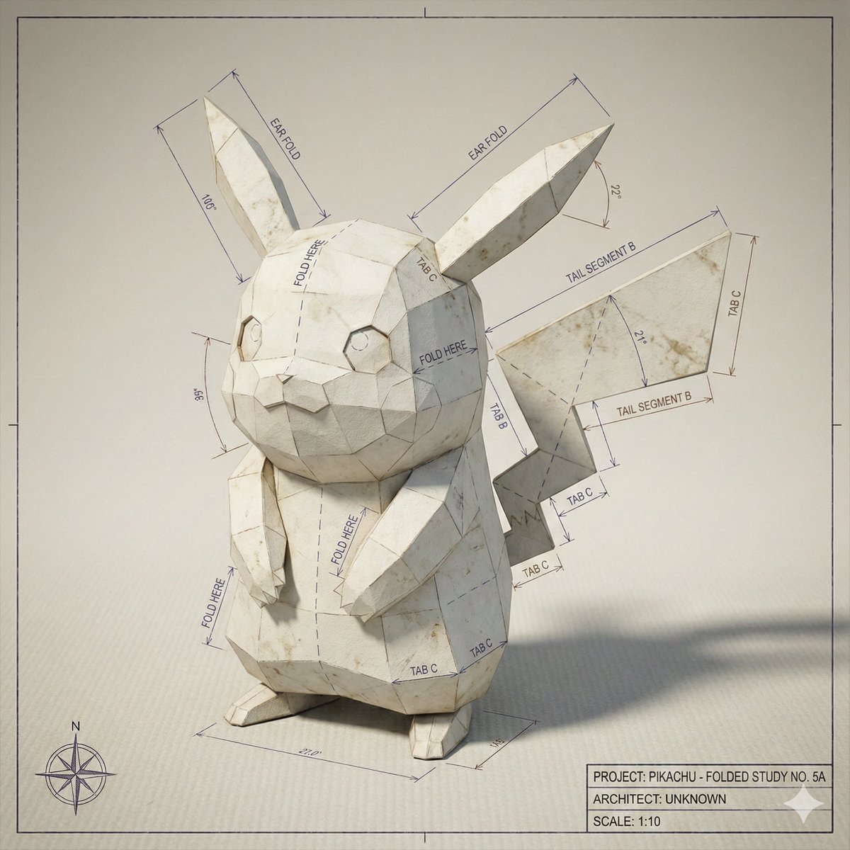 Pikachu Papercraft Blueprint - Folded Study Character Design Nano Banana提示词
