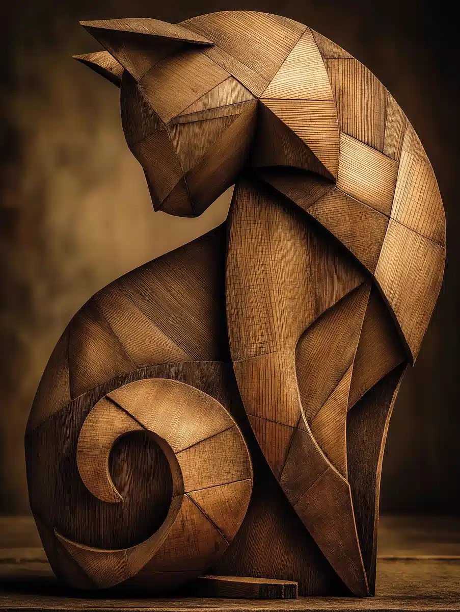 Geometric Wooden Cat Sculpture Midjourney提示词