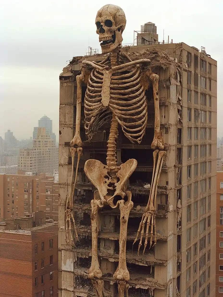 Skeleton on Abandoned Skyscraper Midjourney提示词