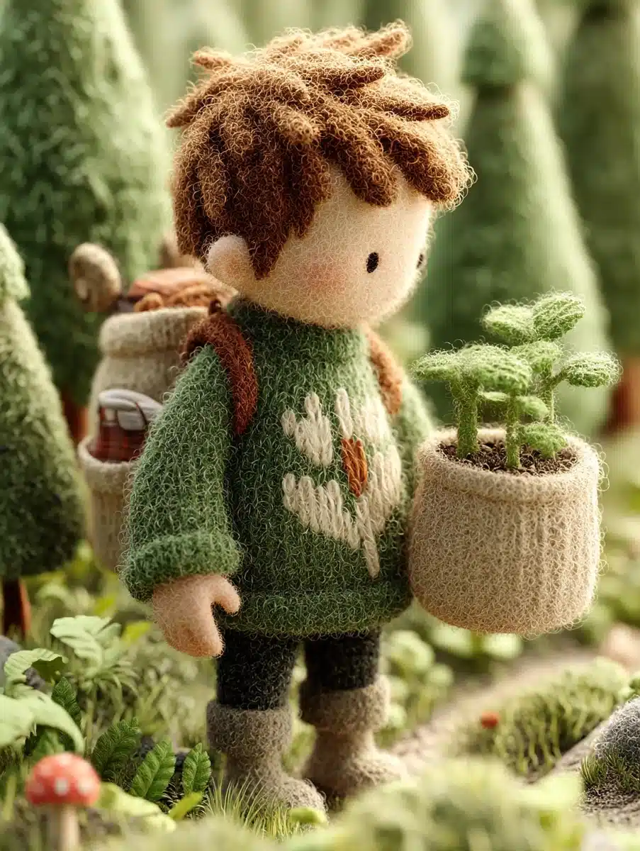 Miniature Boy with Flowerpot Midjourney提示词