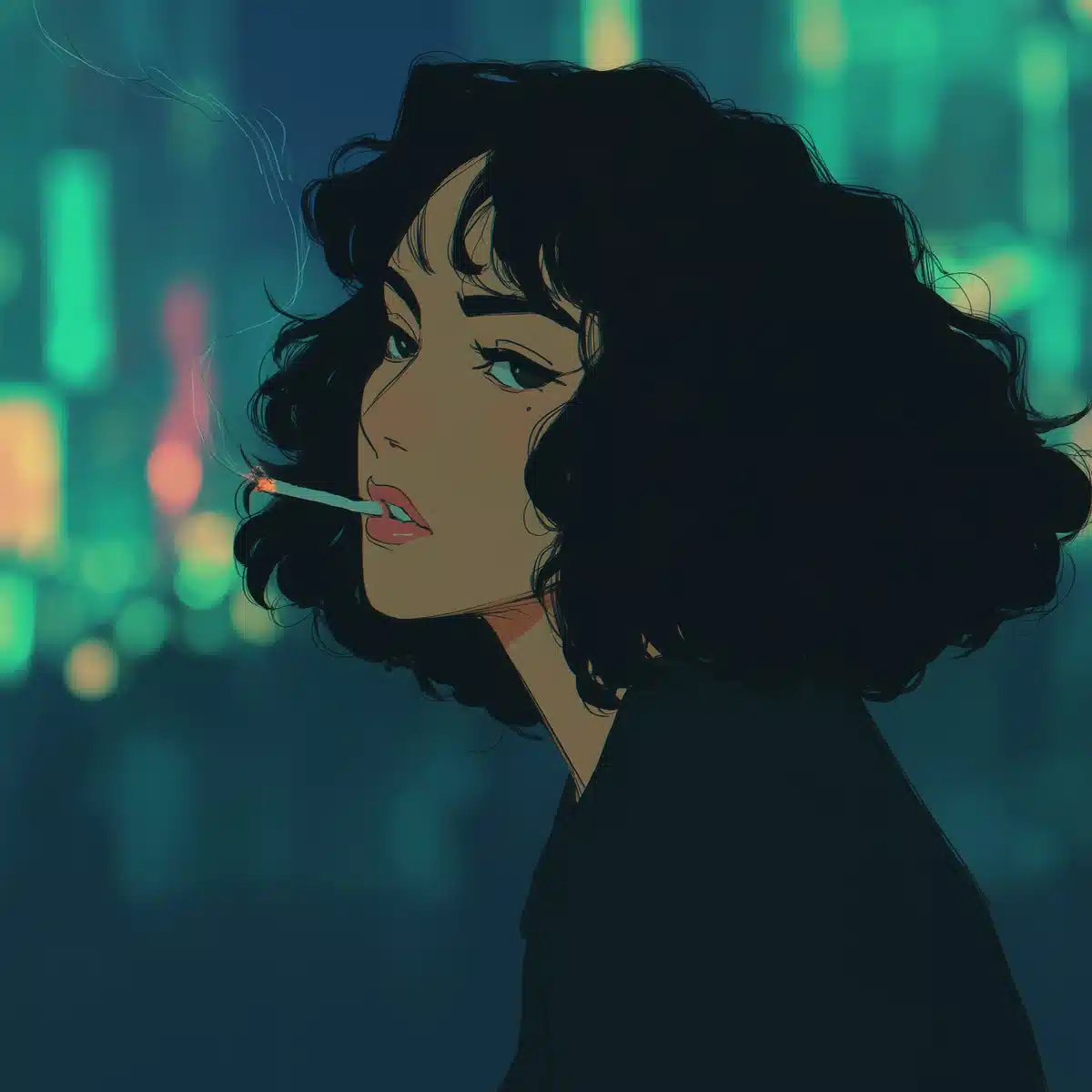 French Woman Night City Illustration Midjourney提示词