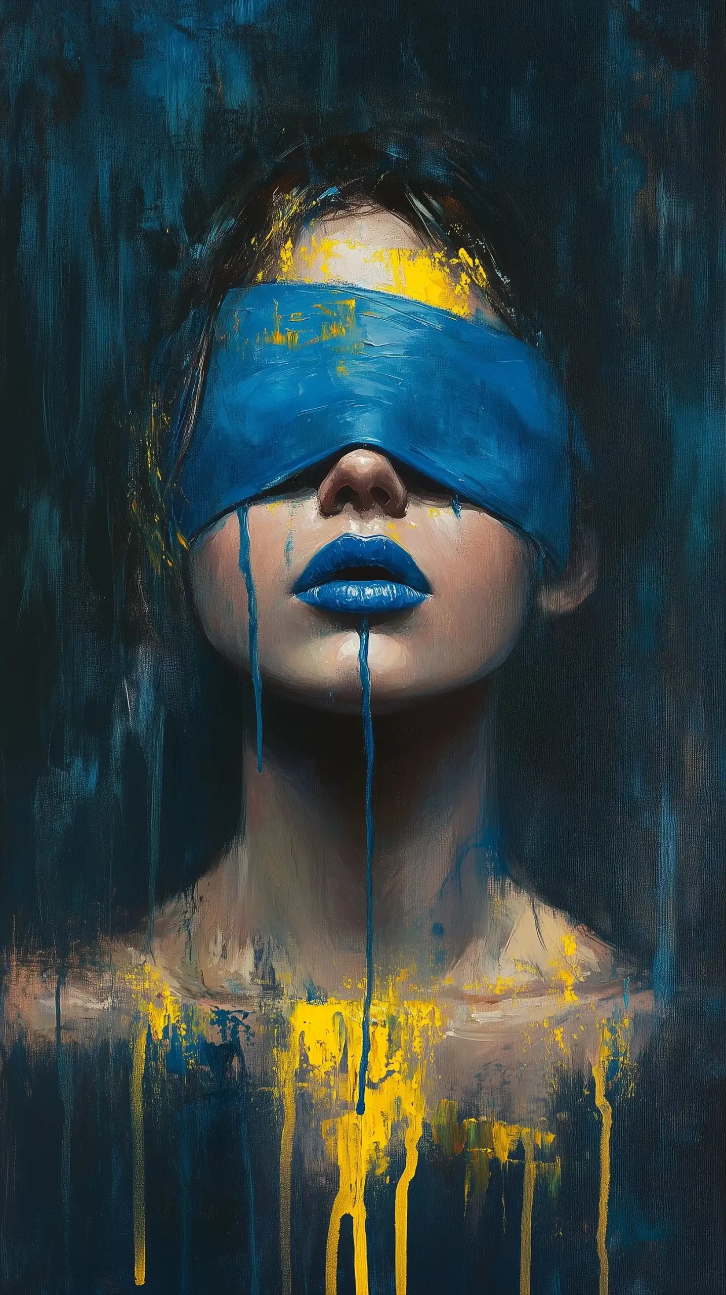 Blue Blindfolded Woman Painting Midjourney提示词