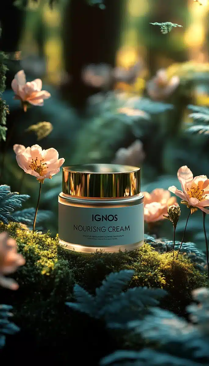 Elegant Cream Jar in Forest Midjourney提示词