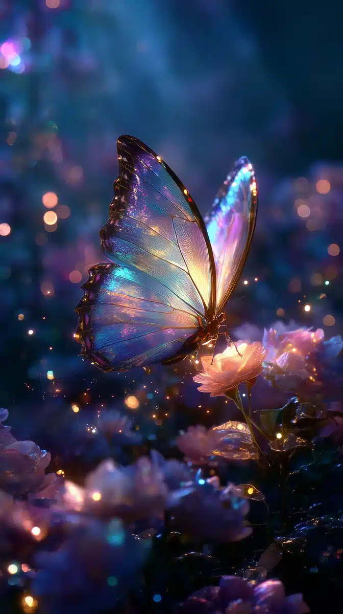 Iridescent Butterfly in Forest Midjourney提示词