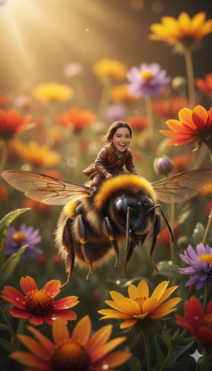 Joyful Child Riding Giant Bee in Fantasy Wildflower Meadow Nano Banana提示词