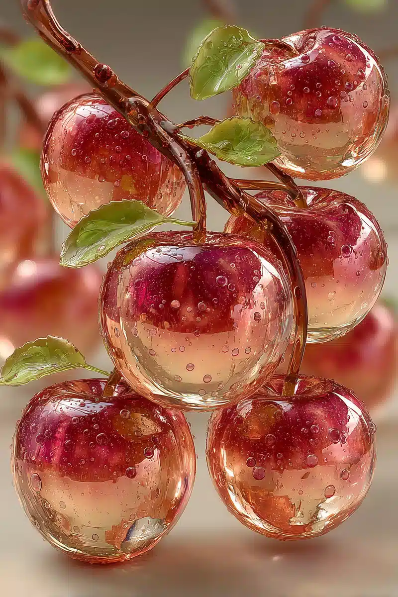 Glass Peaches on Branches Midjourney提示词