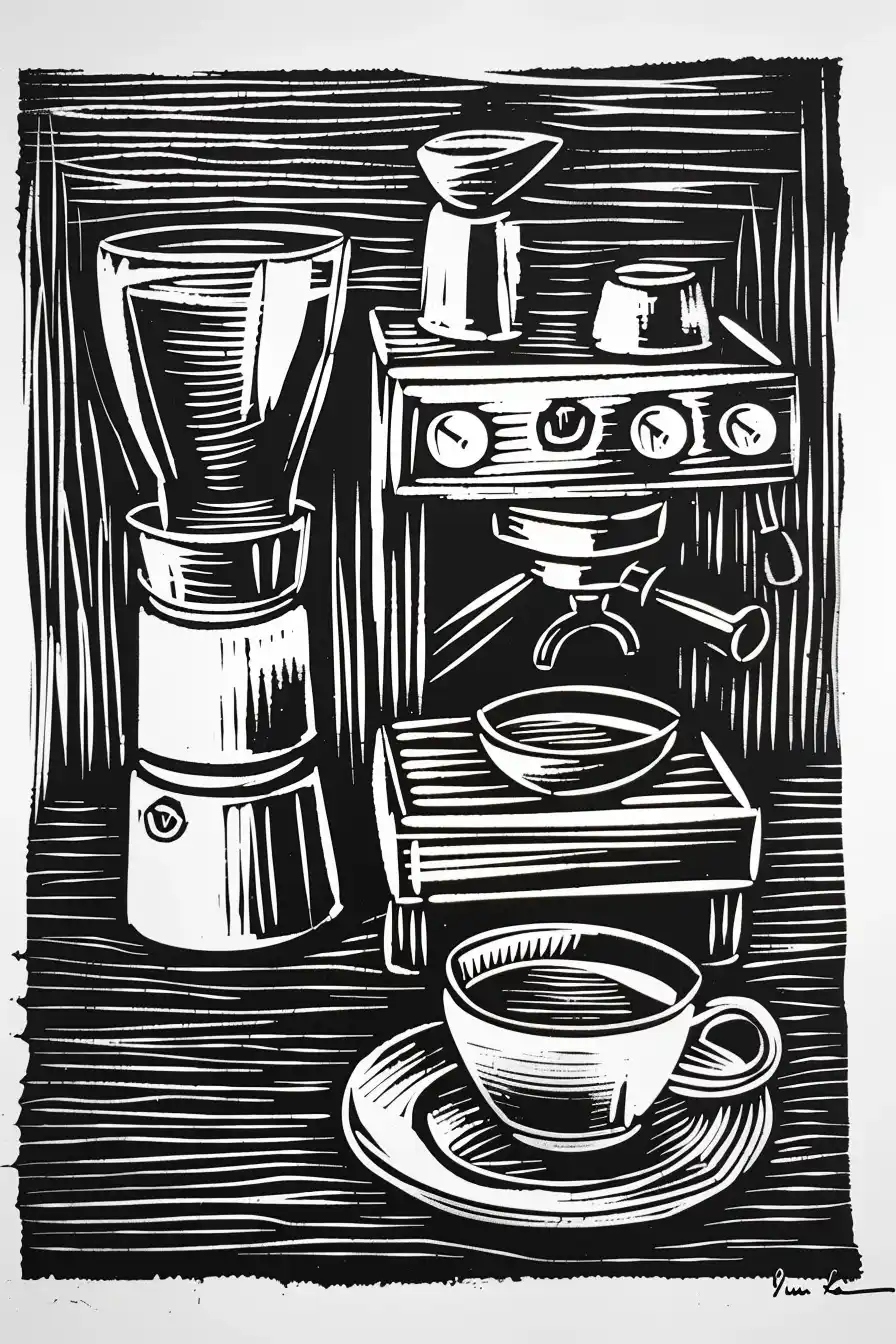 Industrial Linocut Espresso Midjourney提示词