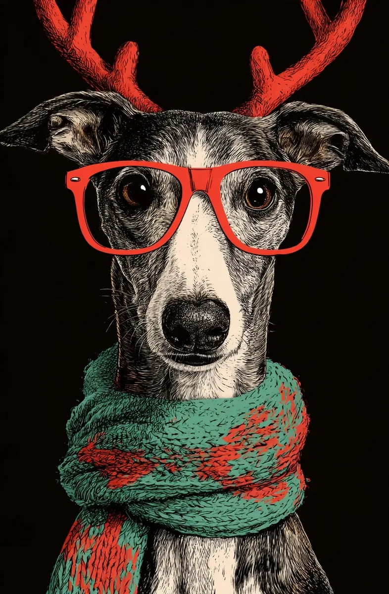 Christmas Whippet Vintage Illustration Midjourney提示词