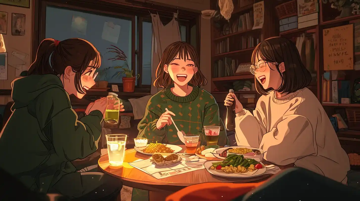Winter Night Potluck Dramatic Japanese Illustration Midjourney提示词