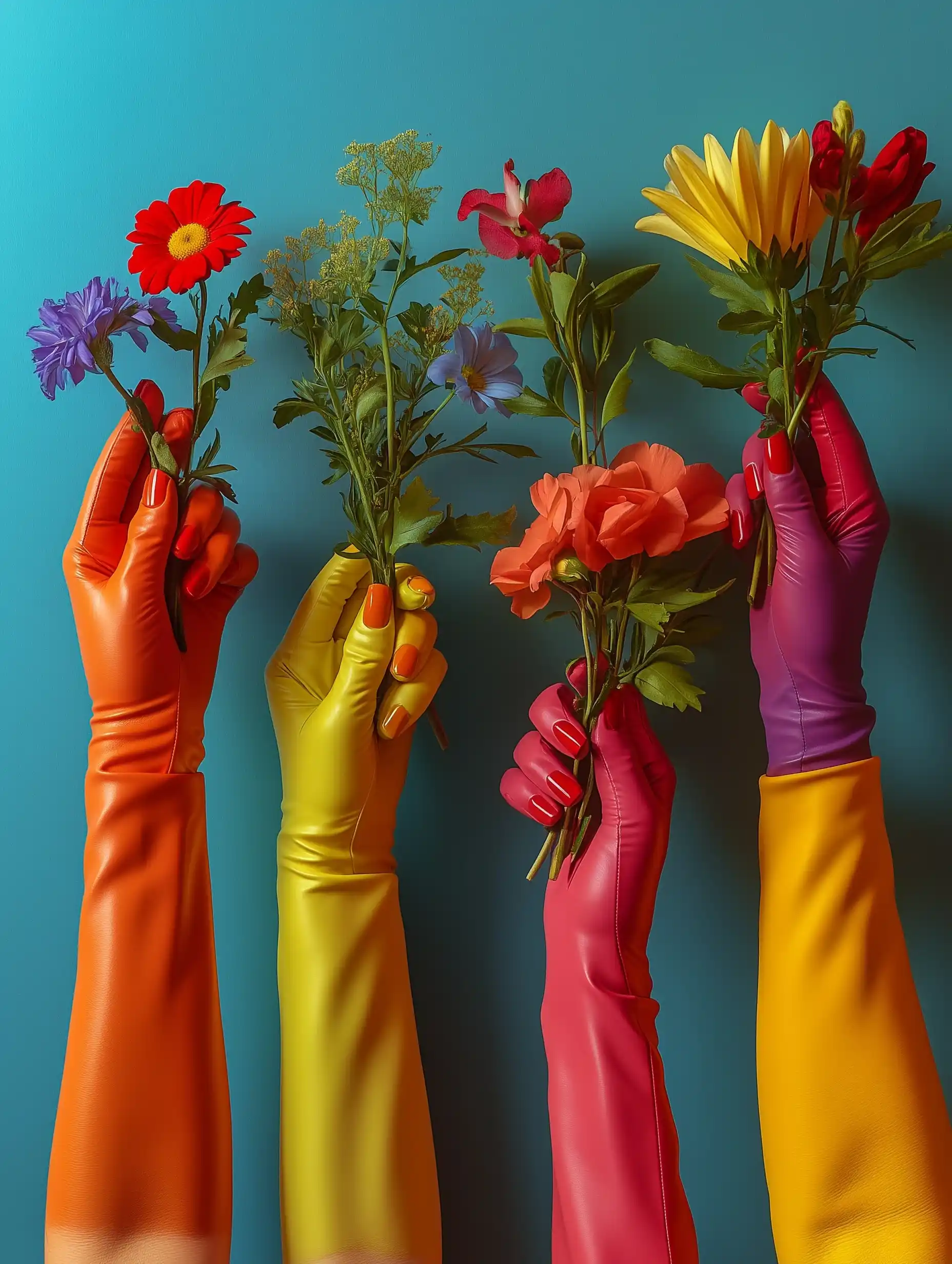 Colorful Gloved Hands with Flowers Midjourney提示词