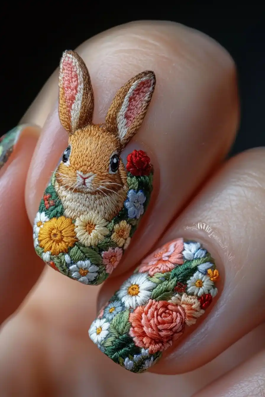 Embroidered Rabbit Nail Art Midjourney提示词