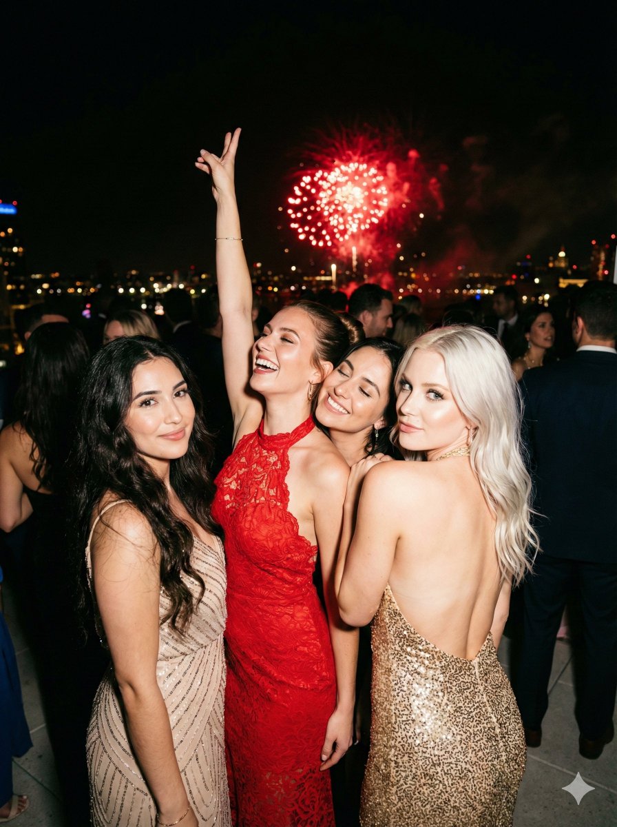 Elegant Women, Formal Dresses, Fireworks Night Event Nano Banana提示词