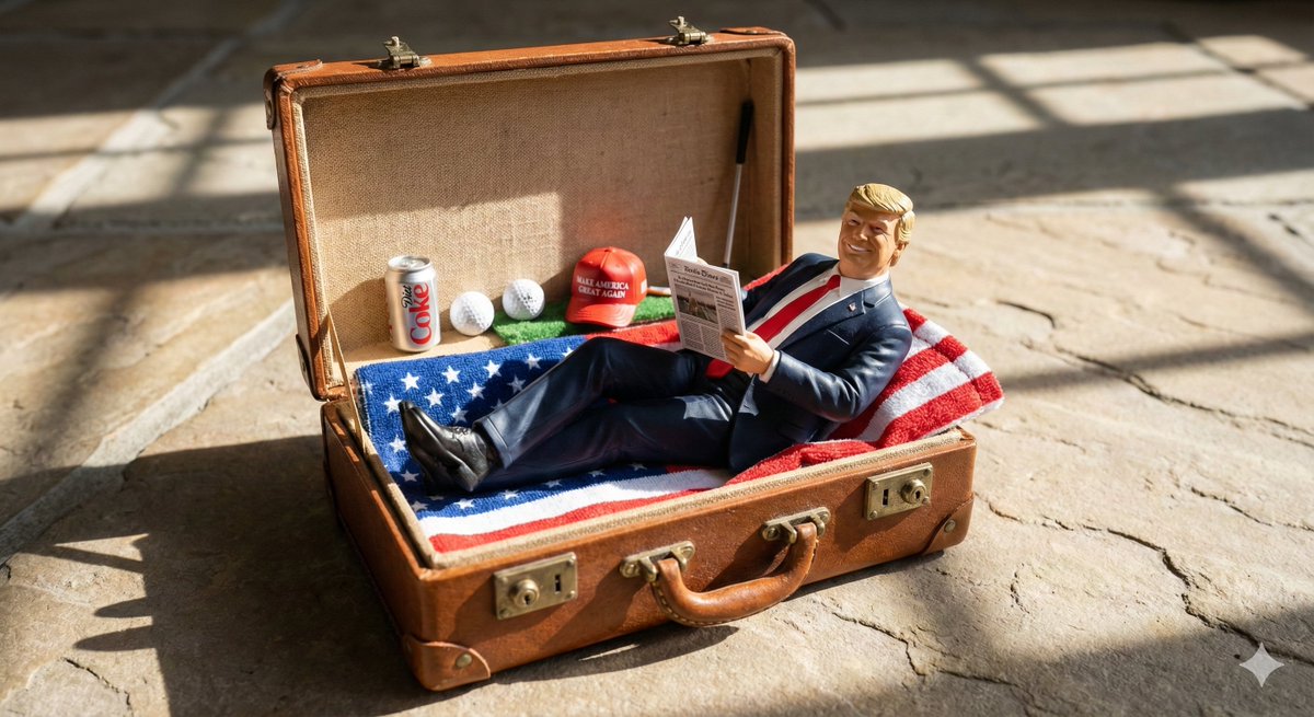 Donald Trump Miniature in Suitcase - Political Novelty Nano Banana提示词