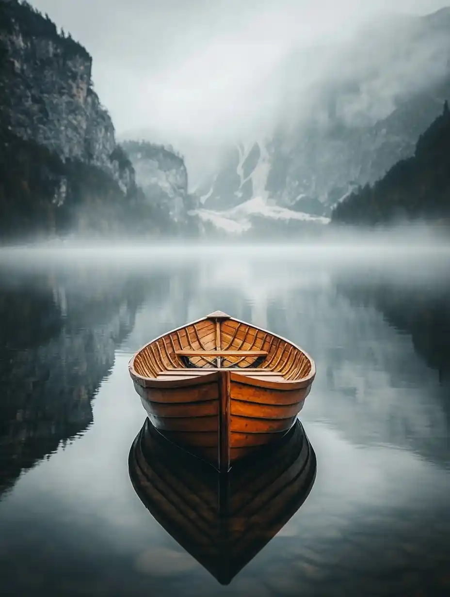Foggy Lake with Boat Midjourney提示词