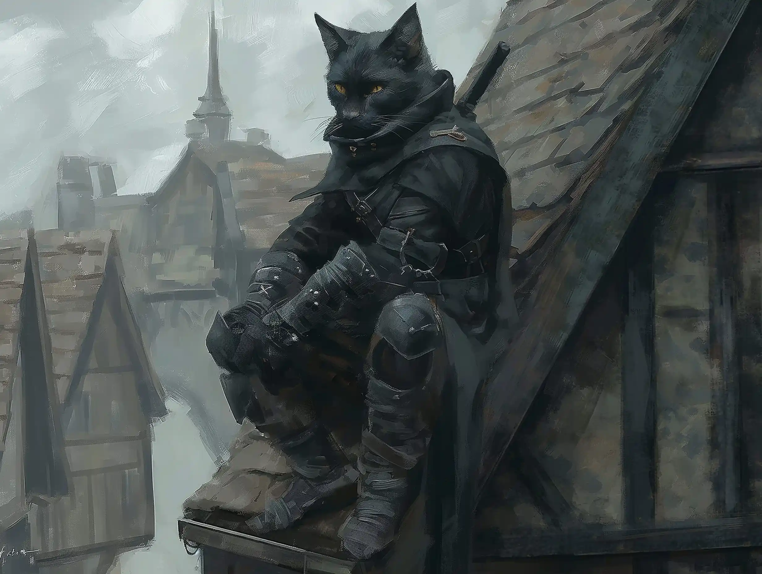 Detailed Tabaxi Rogue Rooftop Midjourney提示词