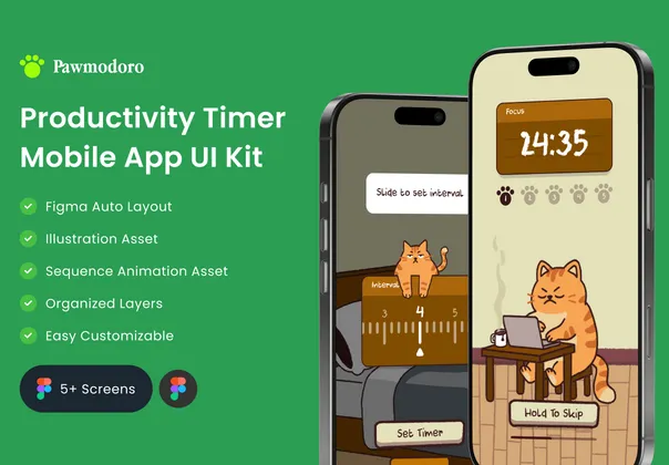 番茄钟效率App UI套件（Pawmodoro），Pawmodoro - Productivity Timer Mobile App UI Kit
