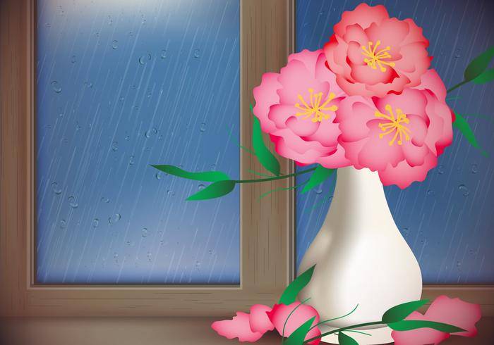 与雨天窗口传染媒介的红色花