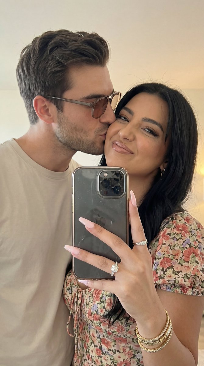 Affectionate Couple Portrait with Engagement Ring Selfie Nano Banana提示词
