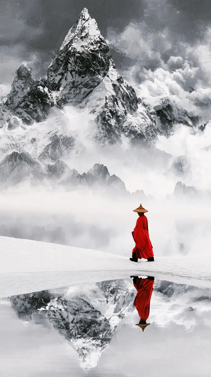 Watercolor Snowy Mountain Reflection Midjourney提示词