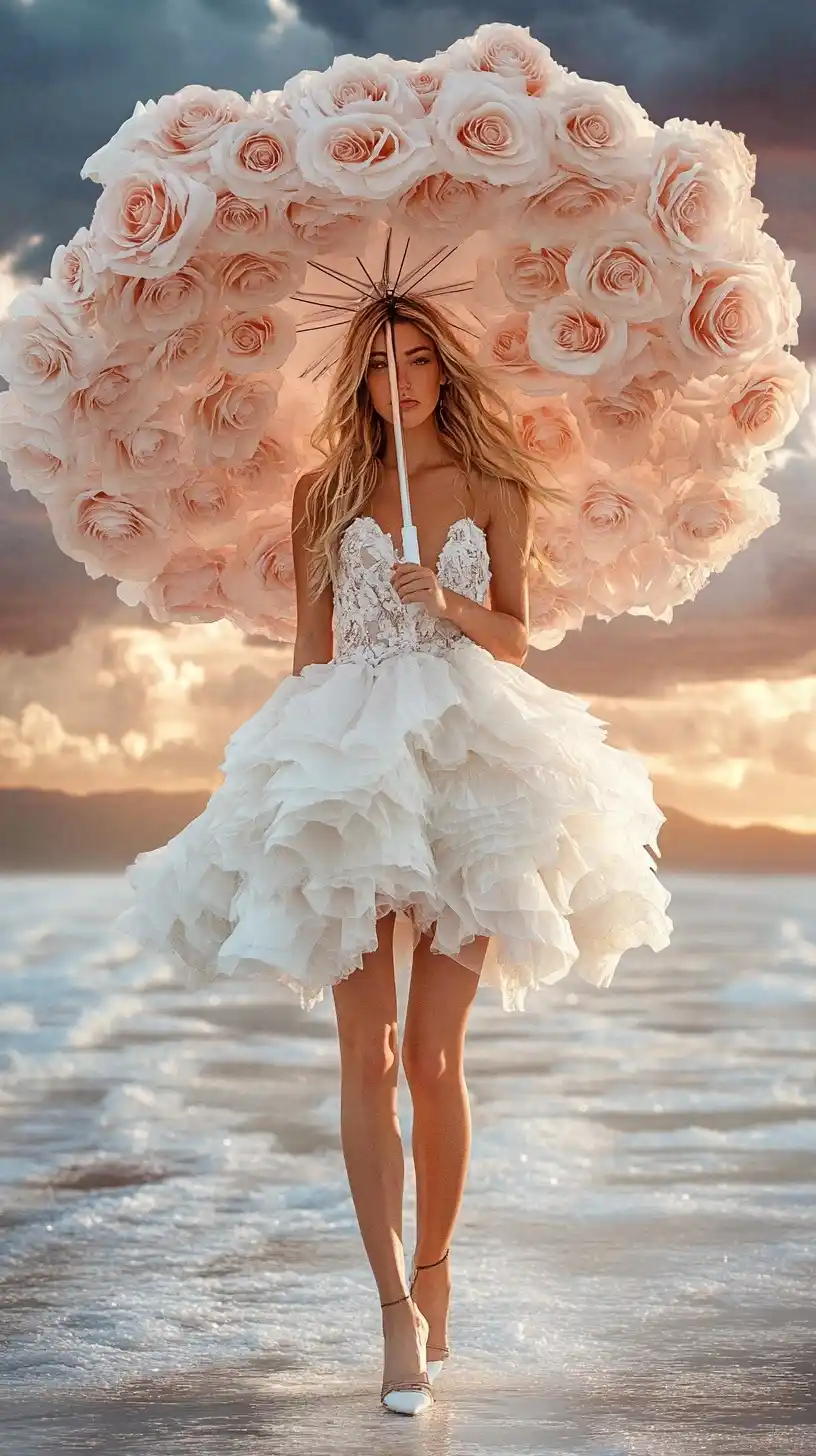 Hyper-Realistic Woman with Umbrella Midjourney提示词