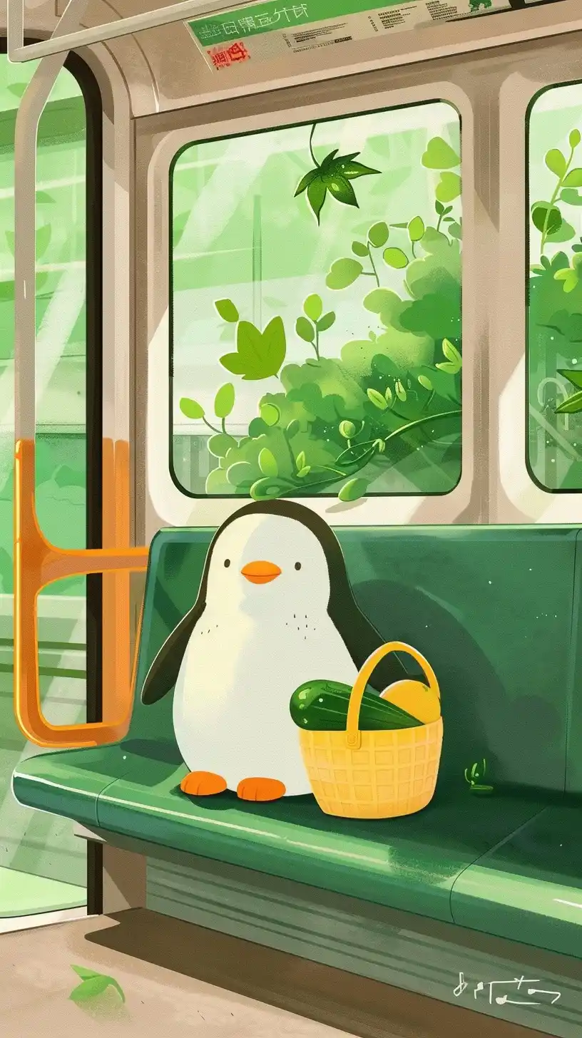 Illustrated Penguin on Subway Midjourney提示词