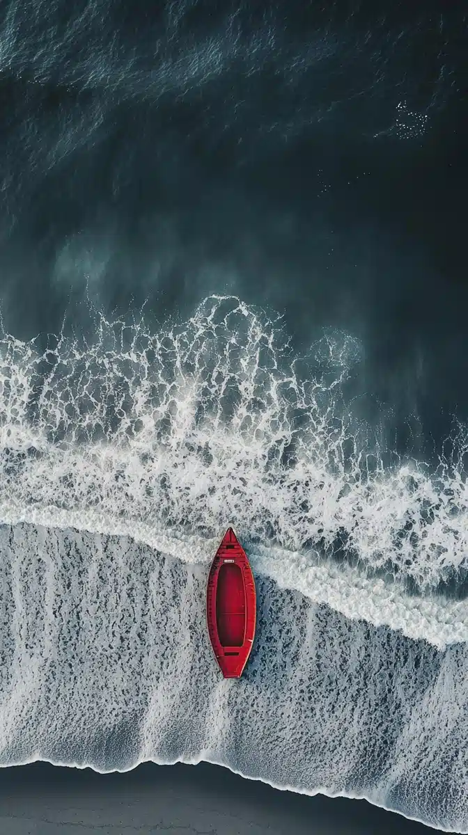 Symmetrical Coastline with Red Boat Midjourney提示词