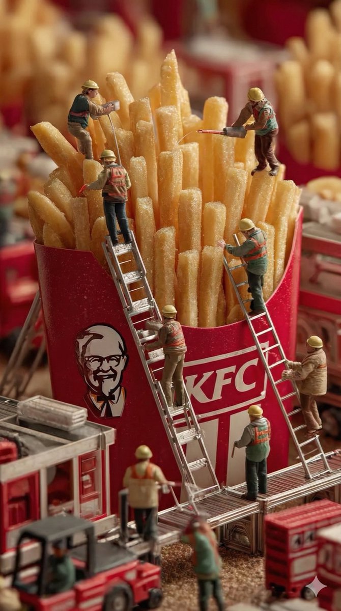 Photorealistic Miniature Construction on Giant KFC French Fries Nano Banana提示词