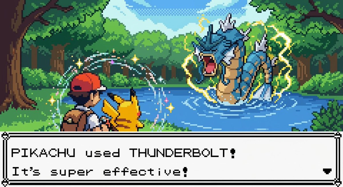 Pikachu vs. Gyarados Pixel Art - Pokemon Thunderbolt Battle Nano Banana提示词
