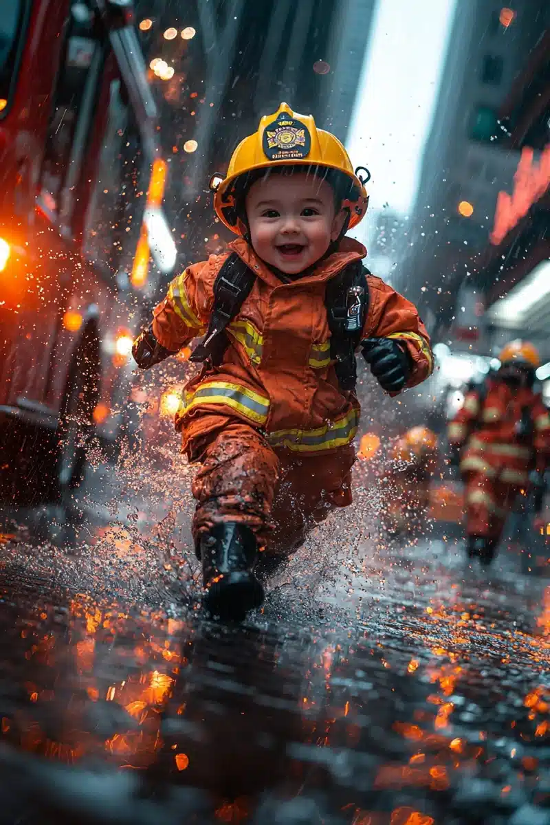 Hyperrealistic Baby Firefighter Action Midjourney提示词