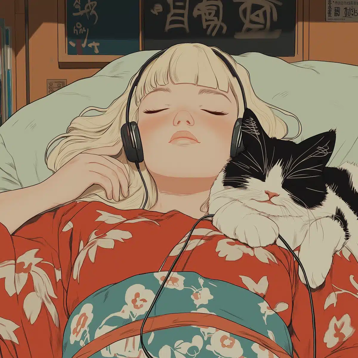 Ukiyo-e Girl with Cats Midjourney提示词
