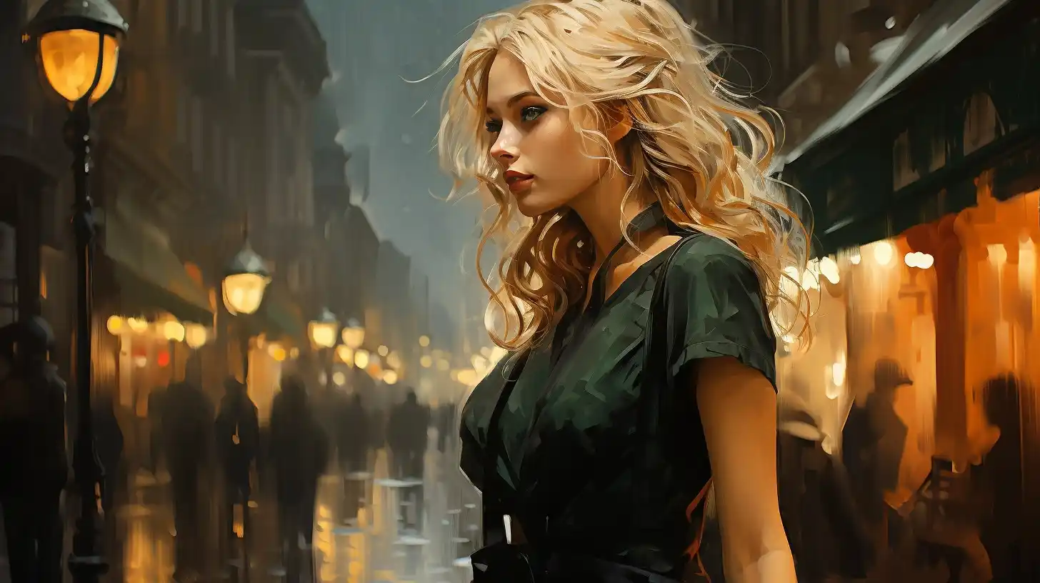 Blonde Woman Rainy Stroll Midjourney提示词