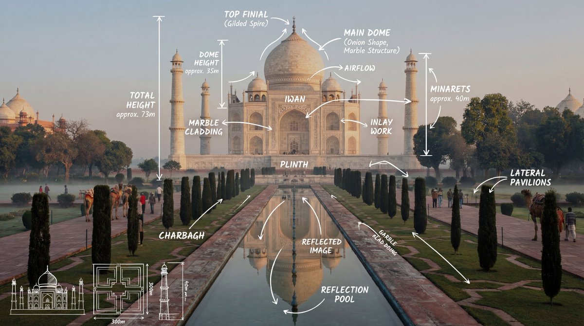 Taj Mahal Architecture & Gardens: Serene Reflection Pool View Nano Banana提示词