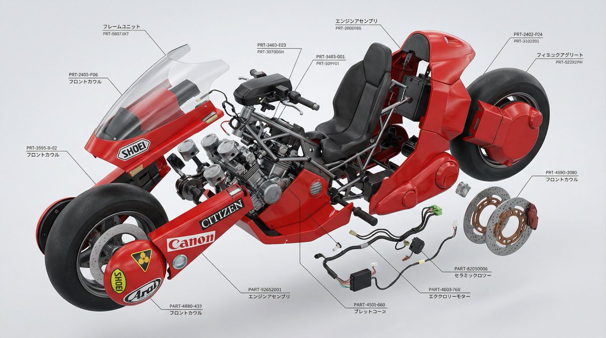Akira Motorcycle Exploded View | 3D Render Sci-Fi Bike Nano Banana提示词