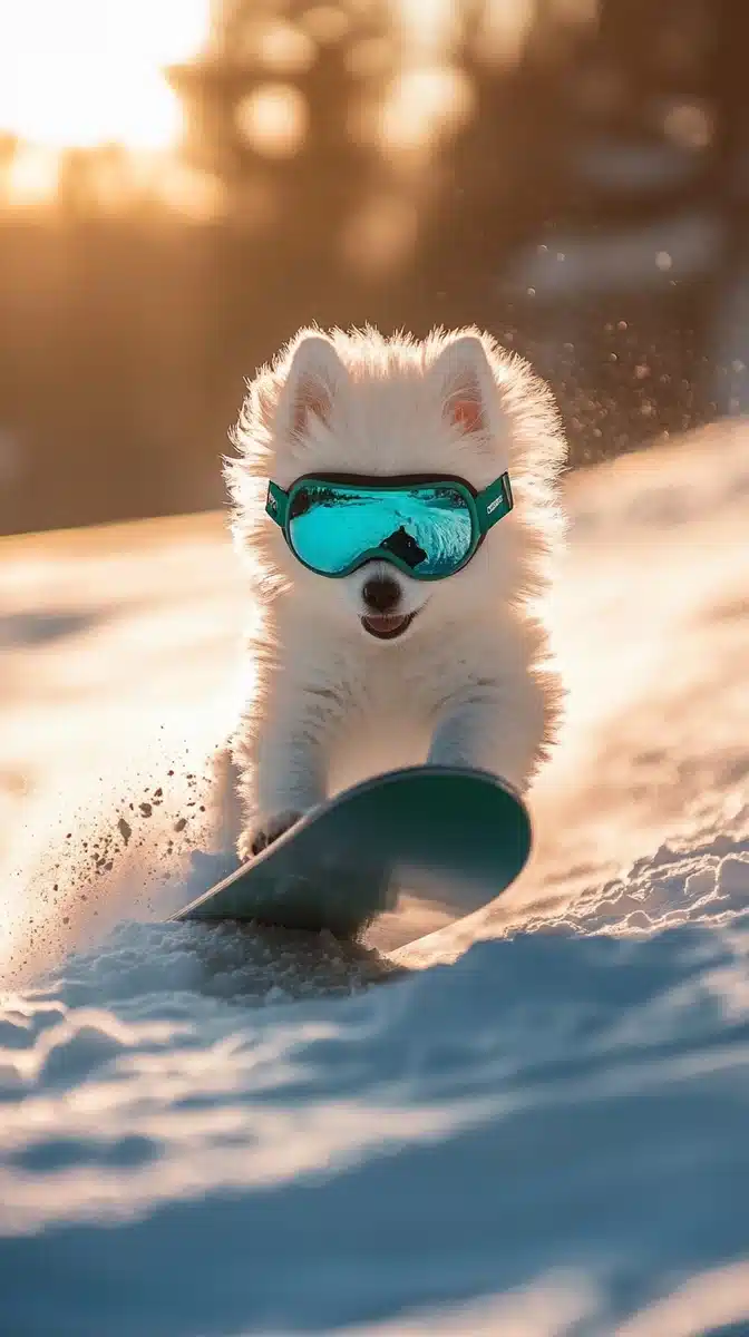 Snowy Puppy on Snowboard Midjourney提示词