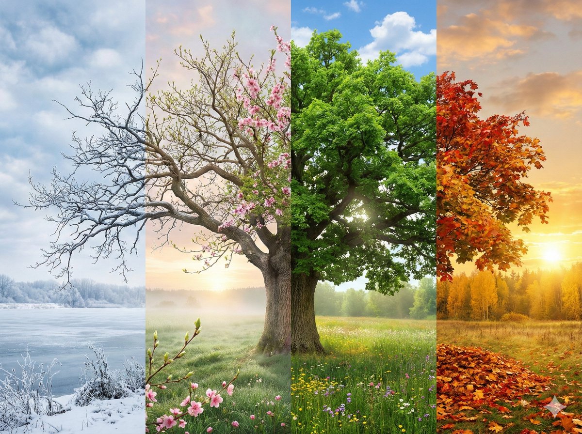 Four Seasons Tree Landscape - Vibrant Nature Cycle Nano Banana提示词