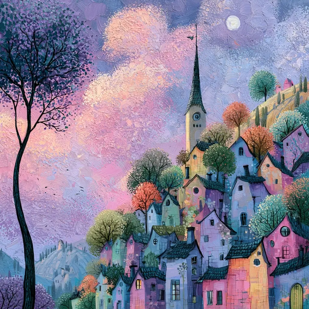 Whimsical Town Lavender Sky Midjourney提示词