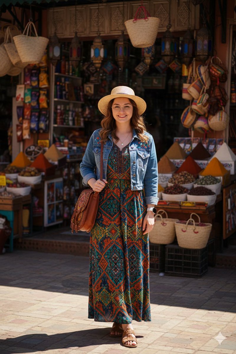 Bohemian Fashion Woman in Marketplace - Travel Style Nano Banana提示词