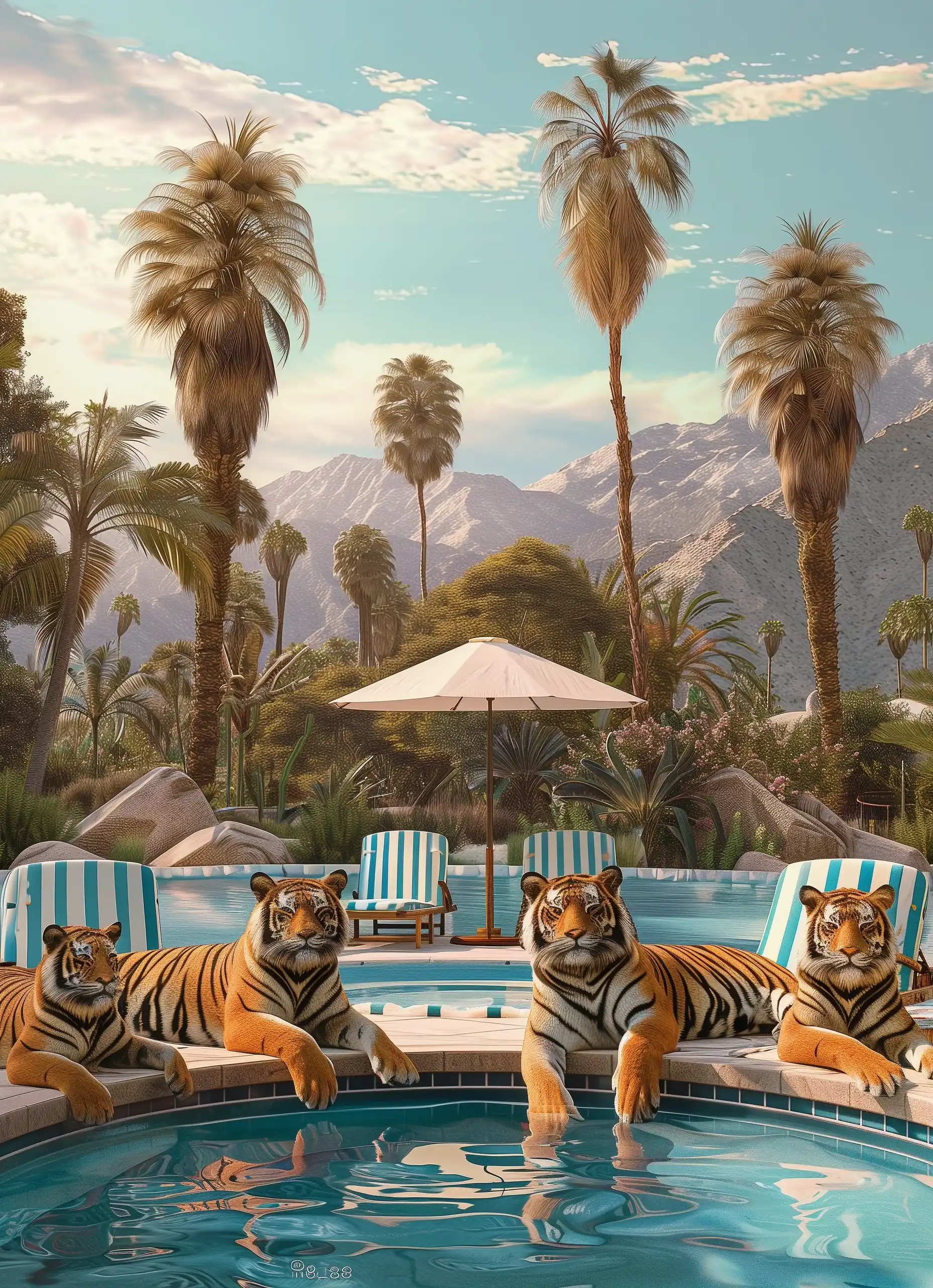 Realistic Tigers Poolside Palm Springs Midjourney提示词