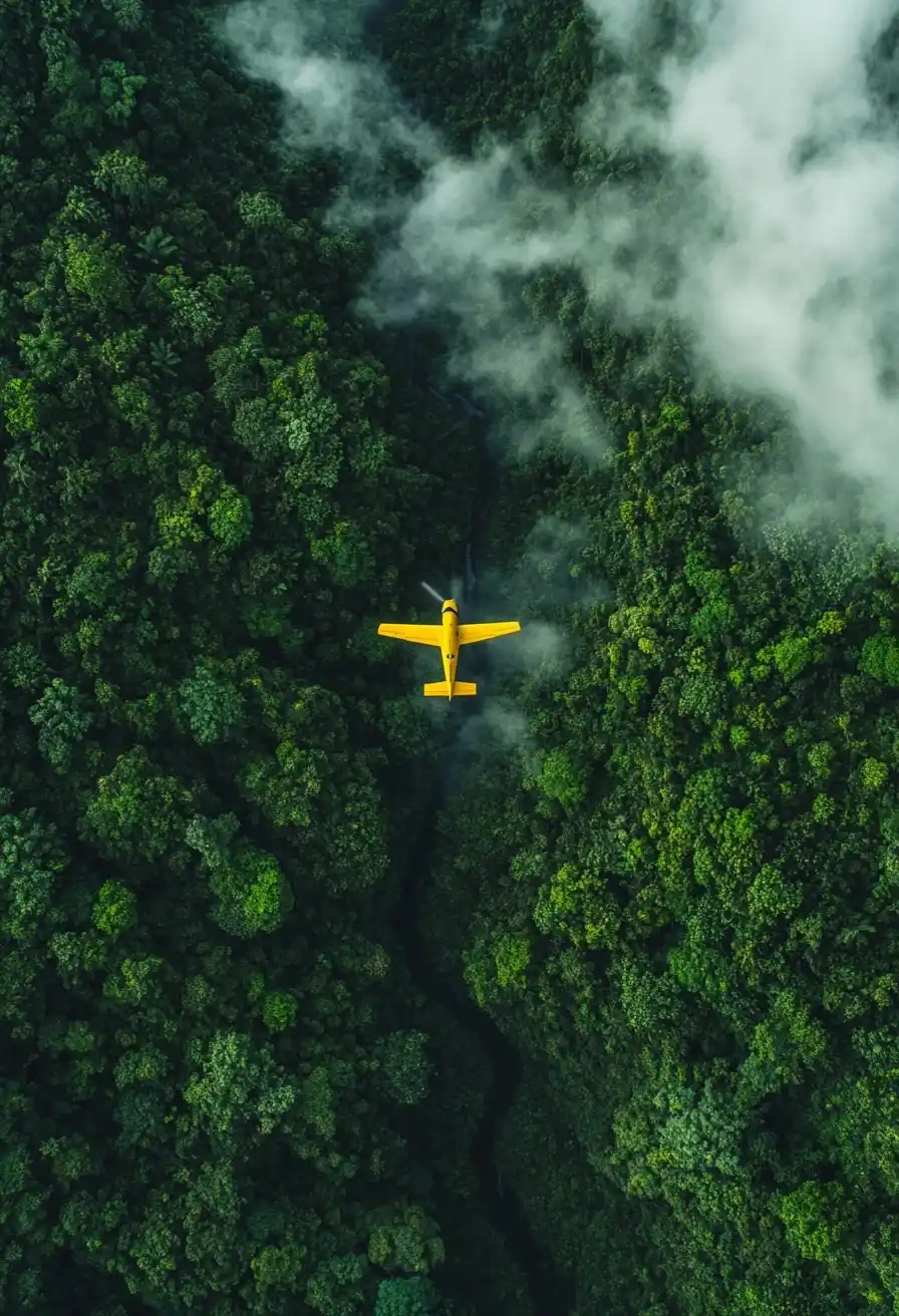 Aerial View of Airplane Over Forest Midjourney提示词