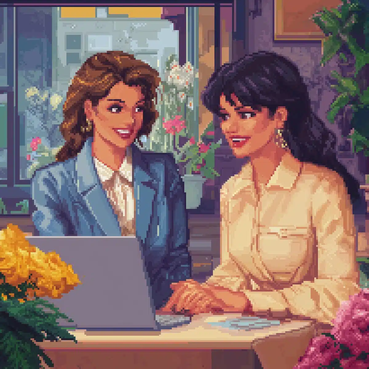 Pixel Art Women Discussing Midjourney提示词
