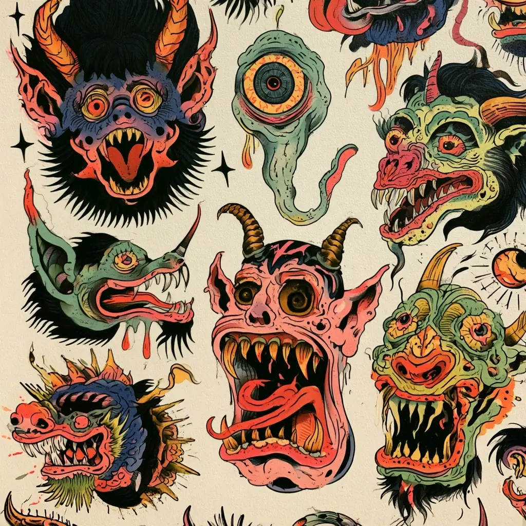 Monster Tattoo Flash Sheet Midjourney提示词