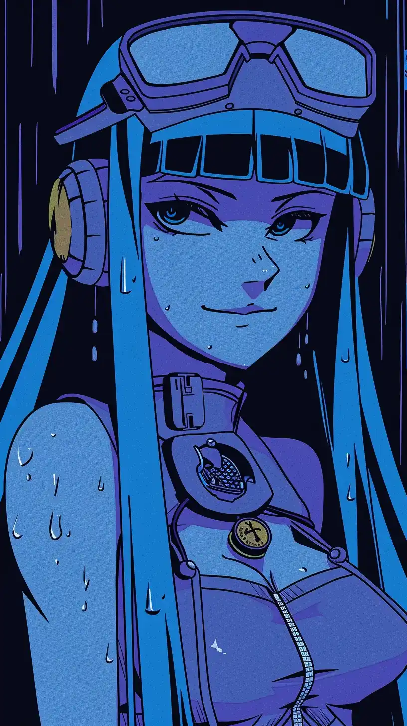 Dynamic Blue-Haired Cyborg Girl Midjourney提示词