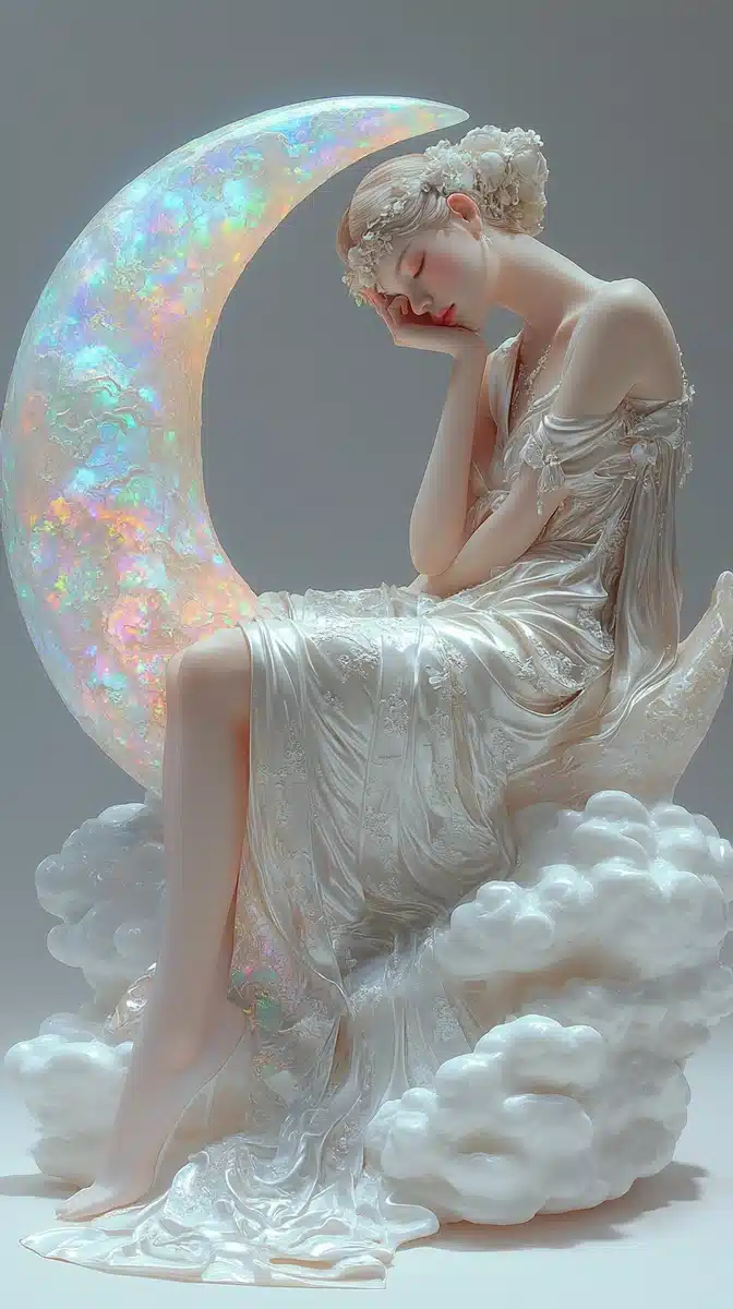 Chinese Woman on Crescent Moon Midjourney提示词