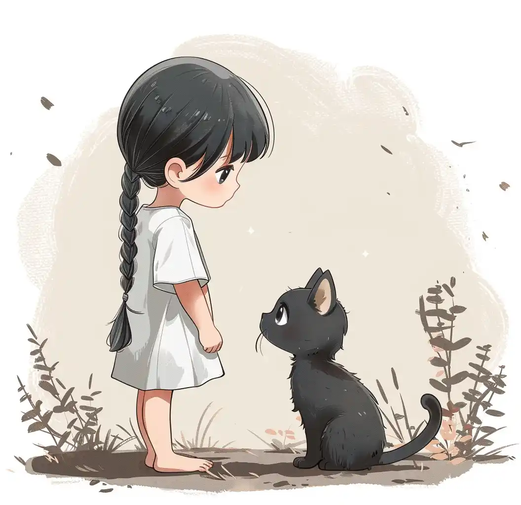 Cartoon Girl and Cat Midjourney提示词