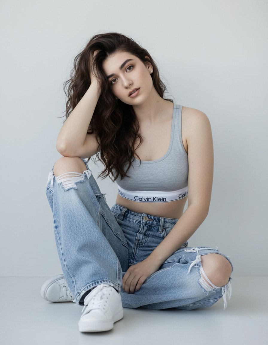 Young Woman in Calvin Klein Sports Bra & Ripped Jeans Nano Banana提示词