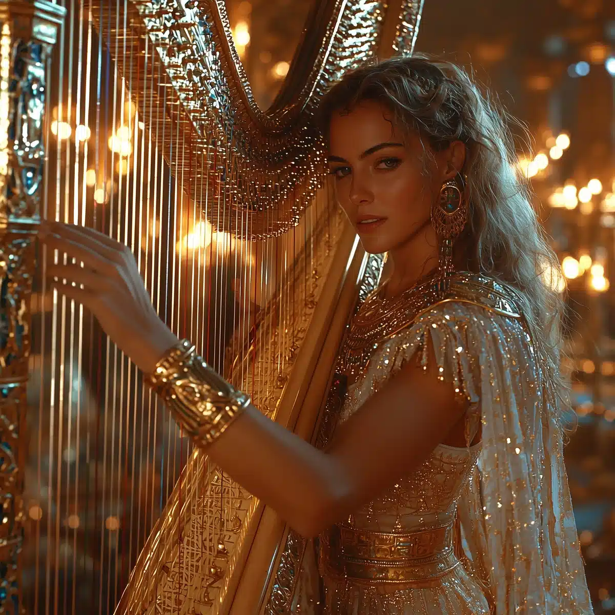 Cinematic Cleopatra Playing Harp Midjourney提示词