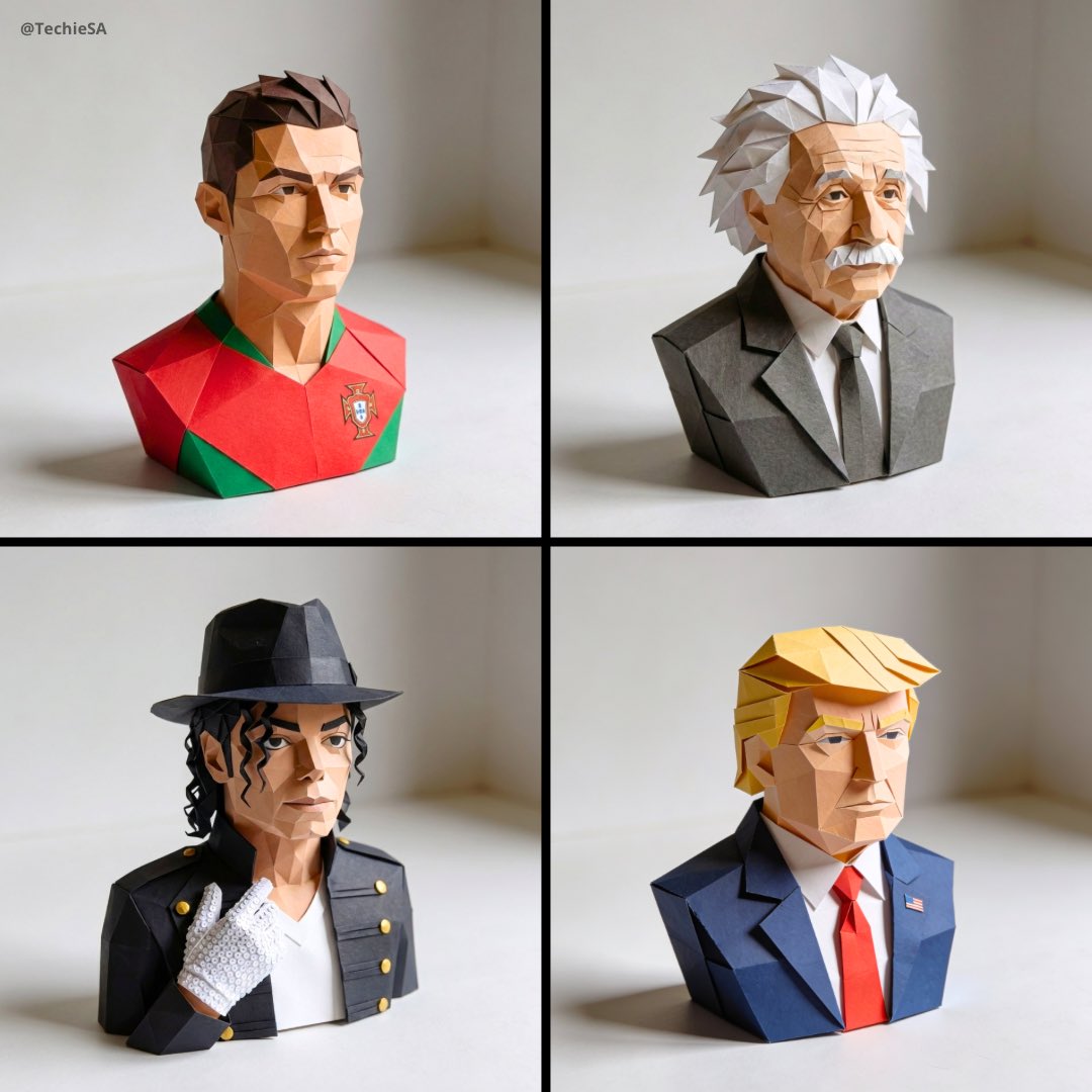 Geometric Papercraft Busts of Famous Celebrities Nano Banana提示词