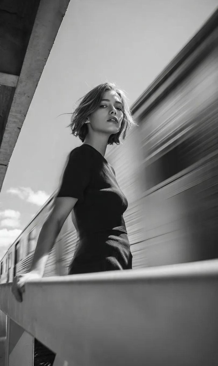 Black and White Dynamic Portrait with Motion Blur Train Nano Banana提示词