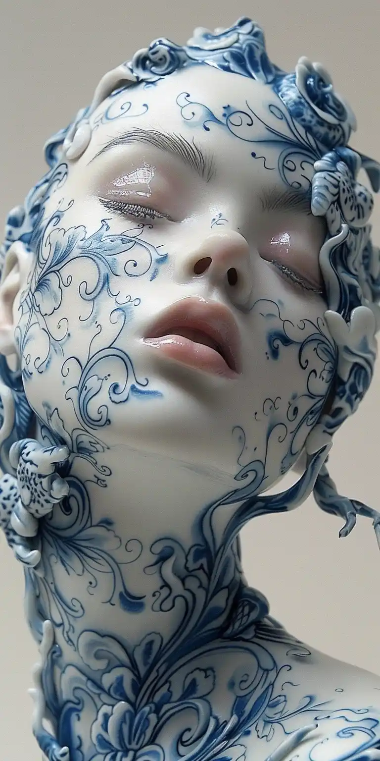 Porcelain Woman in Symmetry Midjourney提示词