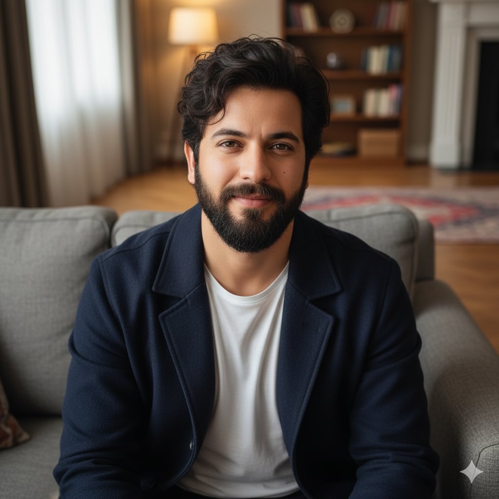 Confident Man Portrait, Beard, Sofa, Photorealistic Image Nano Banana提示词